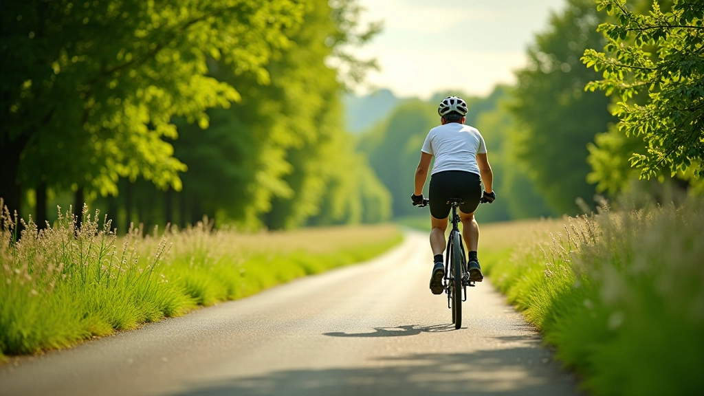 Cyklista na zeleném Jihlavském greenwayi, pohled na terasu a stromy kolem cesty