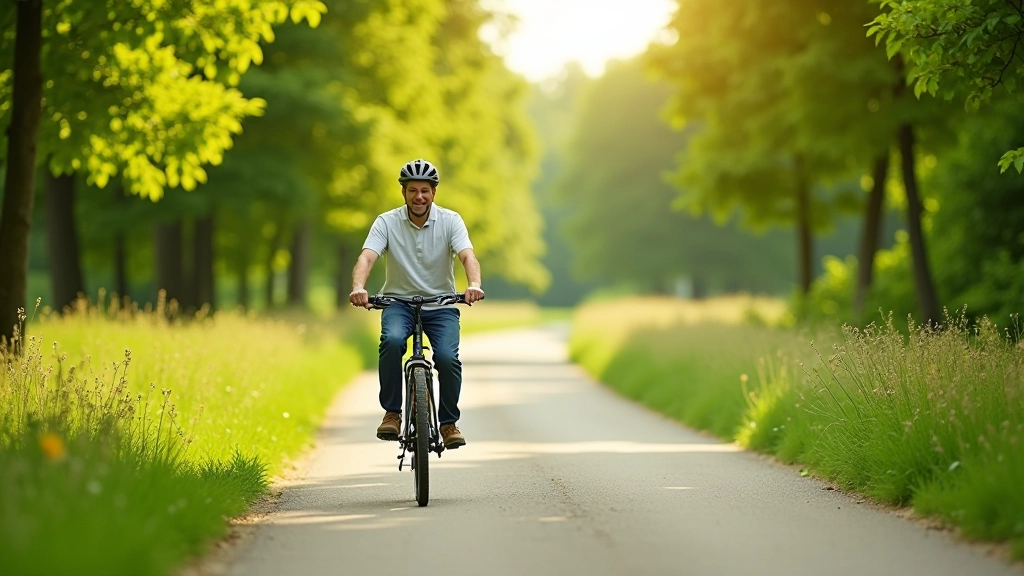 Rovinatá cesta Vysočiny s lesy a poli, cyklista na trekkovém kole, ideální trasa pro seniory