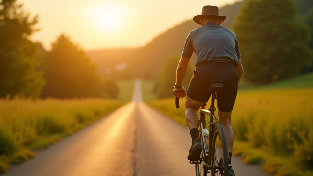 Cyklista v brýlích a slunečním klobouku jedoucí po rovinaté zelené cestě v ranních hodinách, měkké světlo