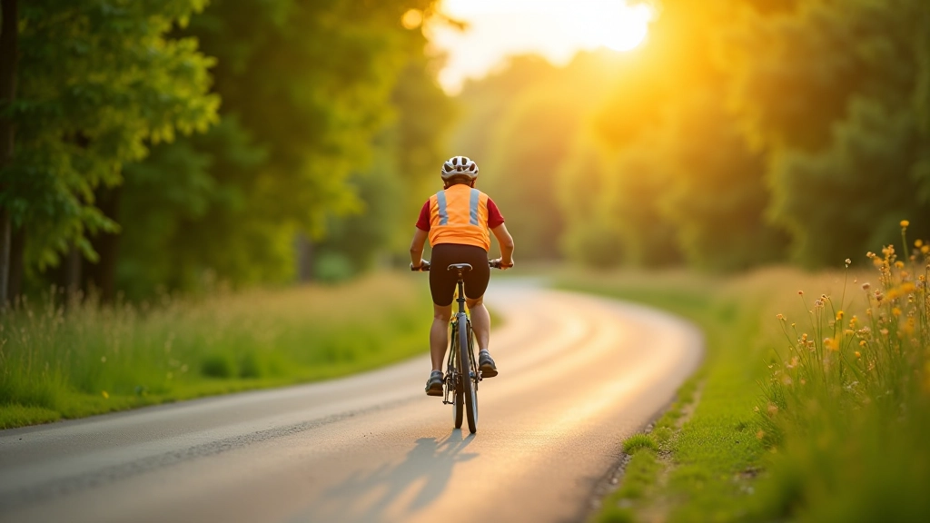 Starší cyklista s brýlemi a reflexní vestou jezdí po slunečné cestě v letních podmínkách