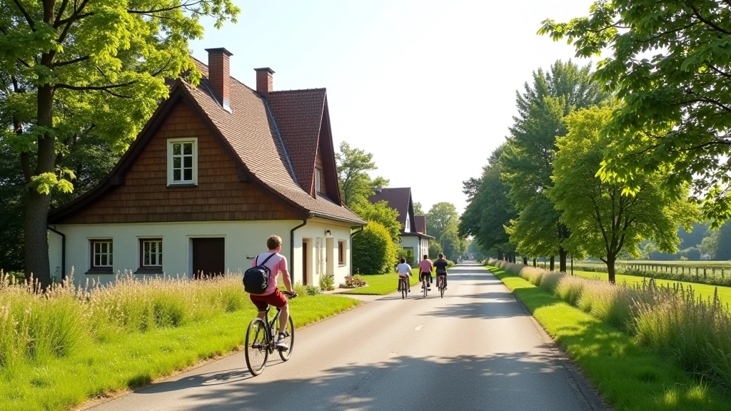 Vesnice s kostelem na konci rovinaté cesty, tradiční architektura